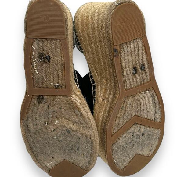 Marc Fisher Platform Espadrille Wedge SZ 7 Black Suede Leather Heels Boho Beach - Picture 5 of 6